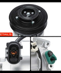 Top Shelf AC Compressor Assembly With Integrated Clutch Precharged PAG46 Lubricant detailing six groove pulley and electrical connector.