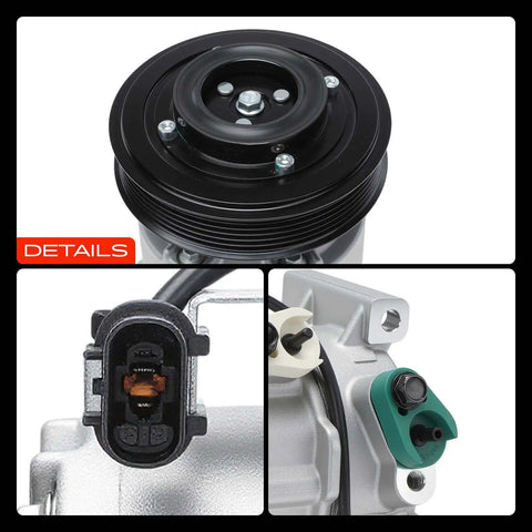 Top Shelf AC Compressor Assembly With Integrated Clutch Precharged PAG46 Lubricant detailing six groove pulley and electrical connector.