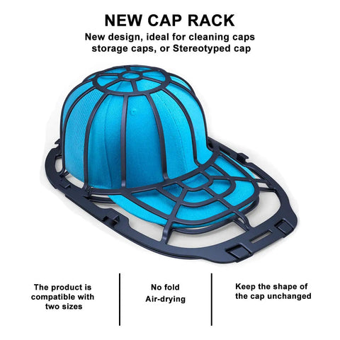 Hat Washer Frame For Washing Machine Or Dishwasher Cap Rack Shaper, showing blue cap inside black holder for safe cleaning.