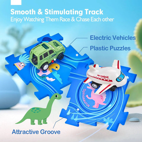 Puzzle Racer Kid Friendly Cars Track Set For Ages 3 To 5 Large 12 Piece Puzzle With Cars Airplane And Dinosaur Pieces
