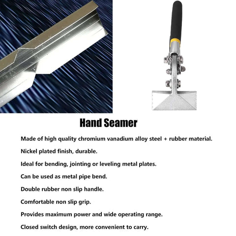 Alloy Steel Hand Seamer with Rubber Grip, 80mm for Sheet Metal Bending in HVAC; product view with text detailing features.