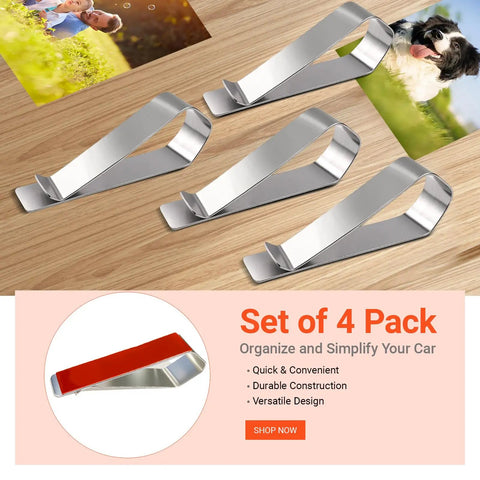 Sun Visor Clips Stainless Steel With 3M Adhesive For Custom Displays In Car, Home And Office Strong Hold 4 Pack on wood surface