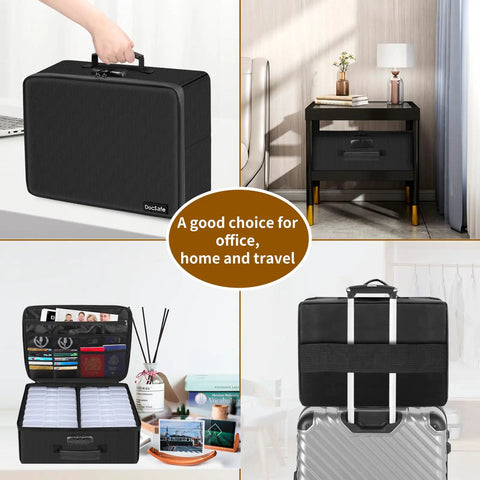 Fireproof Photo Storage Box With Lock 16 Inner 4x6 Photo Cases Water Resistant Collapsible Organizer shown in various scenarios