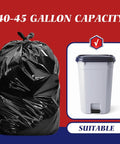 Black Trash Bags 40 45 Gallon 26 Count All Purpose Garbage Sacks suitable for use with trash cans, showing garbage bag and can.