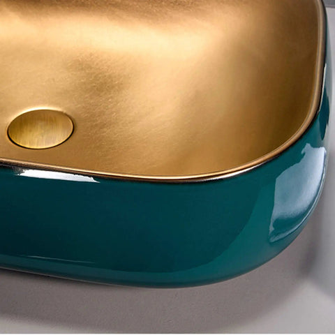 Killer Top Shelf Porcelain Vessel Sink For Above Counter Bathroom Vanity Heavy Duty Ceramic Art Basin in gold and teal.