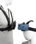Hands Free POV Filming Kit with chest strap harness and head strap holder mounted on mannequins for a smartphone.