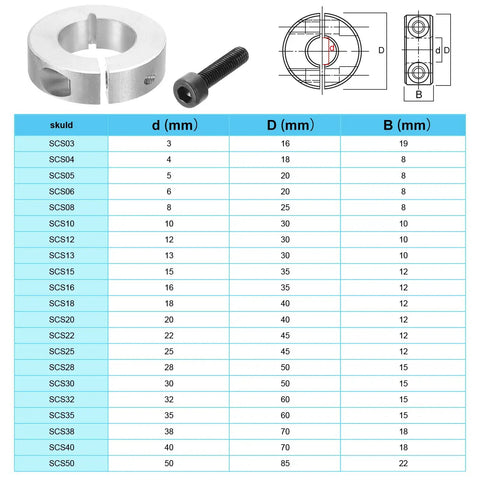 Bore 16mm Double Split Shaft Collar 35mm Outer Diameter 12mm Thickness Aluminum Alloy Locking Collar Clamp with size chart