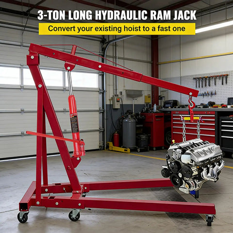 3 Ton Hydraulic Long Ram Jack With Clevis Base and Handle lifting engine in garage