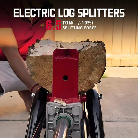 Do It All 2 In 1 Electric Log Splitter And Wood Chipper Bundle in action, splitting a large log with 6.5-ton force.
