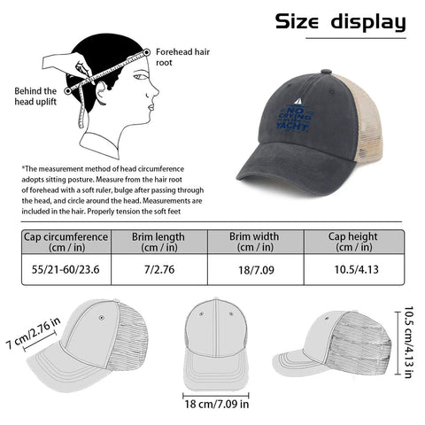 Breathable Mens Trucker Cap And Tennis Style Dad Hat For Everyday Wear with size chart and head measurement guide.