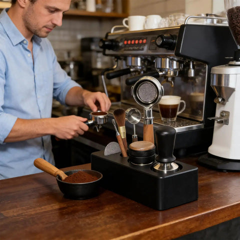 Solid Coffee Tamper Holder Built From Shock Absorbent Abs Material For No Fuss Daily Brewing Portable Countertop Tamping Station with tools on a barista's counter.