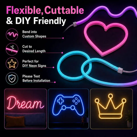 RGB Neon Rope Lights Sixteen Point Four Feet With 360 LEDs 24V Side Emitting LED Strip Lights showing heart and loop shapes
