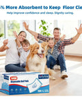Family with dog next to Heavy Duty Hassle Free Disposable Bed Pads For Dogs And Adults Super Soak Up Waterproof Training Sheets Leak Locked Backers Odor Blocking Shield 150 Count Pack.