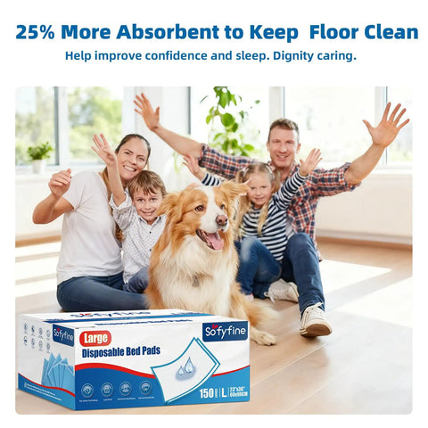 Family with dog next to Heavy Duty Hassle Free Disposable Bed Pads For Dogs And Adults Super Soak Up Waterproof Training Sheets Leak Locked Backers Odor Blocking Shield 150 Count Pack.