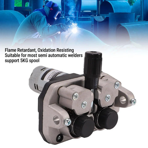 Four Roller MIG Wire Feeder Motor With Adjustable Speed 2-15 m/min, DC 24V 40W close-up, showing rollers and motor detail.