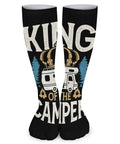 Camping-themed design on socks, "King of the Camper" with graphics, part of Five Pack Fatigue Relief Compression Stockings Mid Calf Socks.