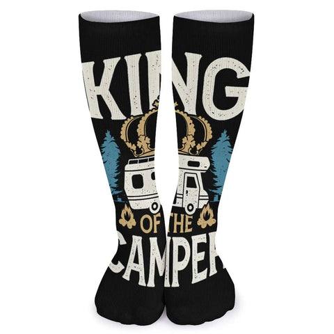 Camping-themed design on socks, "King of the Camper" with graphics, part of Five Pack Fatigue Relief Compression Stockings Mid Calf Socks.