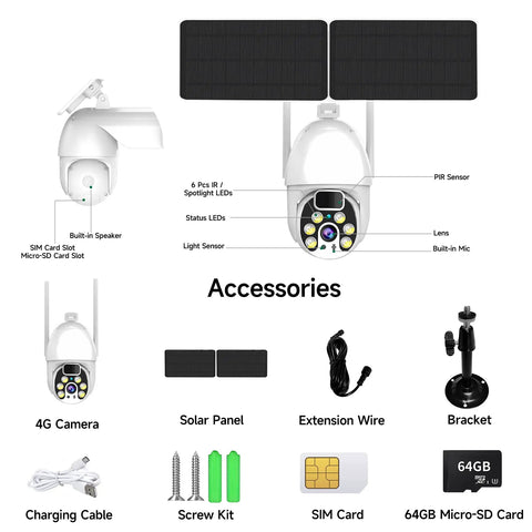 Outdoor 4G LTE Solar Security Camera With 1080P Spotlight Color Night Vision and accessories including solar panel and 64GB card