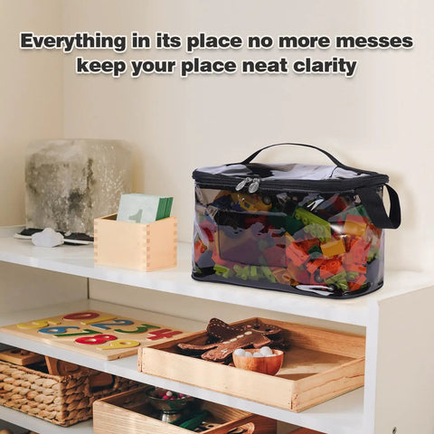 See Through TPU Toy Organizer Bags With Zippers Extra Large Large And Medium Pouch Set Waterproof Clear Storage For Toys Board Games Blocks Puzzles Dolls Grey Color 5 Pack Set With Mesh Name Pouches Kid Friendly displayed on shelf
