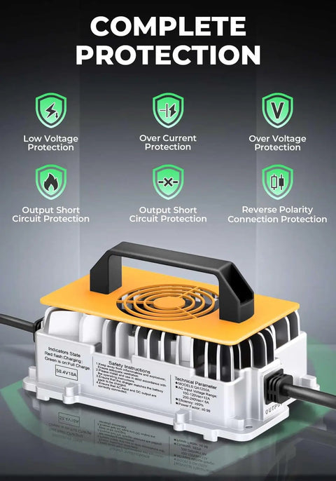 58.4V 18A Smart Battery Charger with complete protection features for 48V LiFePO4 systems, IP65 waterproof design.