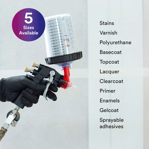 PPS Paint Spray Gun Cup Lids And Liners Kit for Large 28 Oz Cups 125 Micron Filter in use with spray gun and cup.