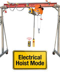 Beefy Portable Gantry Crane 2000 Lbs Lift Capacity Ten Point Five Feet Wide Adjustable Gantry With Electric Hoist shown in use