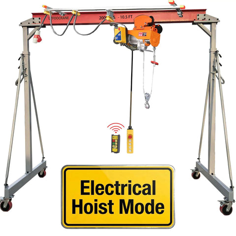Beefy Portable Gantry Crane 2000 Lbs Lift Capacity Ten Point Five Feet Wide Adjustable Gantry With Electric Hoist shown in use