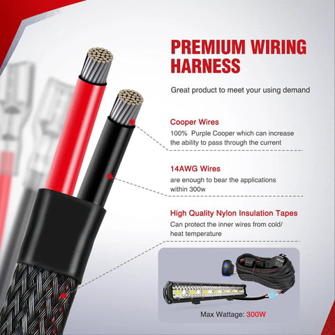 Beefy Heavy Duty Wiring Harness Kit 14 AWG with detailed view of copper wires and insulation for LED light bar.