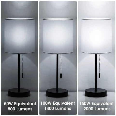 Three Way LED Bulbs 50 100 150W Equivalents inside table lamps showing gradual brightness, 2 Pack
