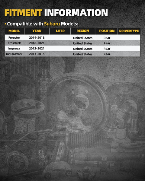 Fitment chart for Top Notch OEM Grade Rear Wheel Bearing Hub Assembly with ABS and 5 Lugs for Subaru models.