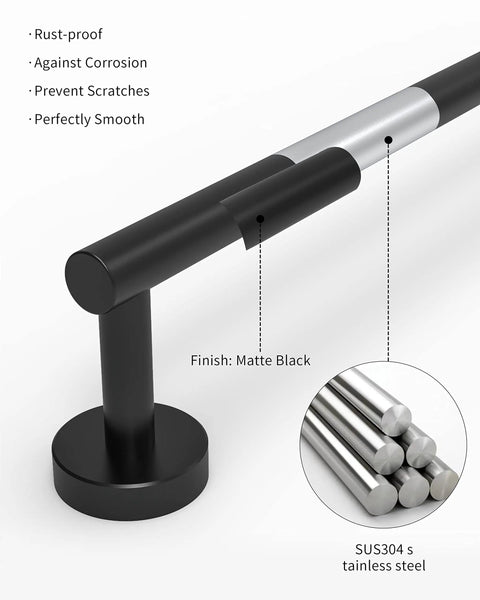 Close-up of Matte Black 24 Inch Towel Bar Wall Mount Rack For Bathroom And Kitchen, Rustproof SUS304 Stainless Steel