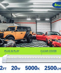 LED Shop Light 2Ft 20W V-Shaped Linkable Ceiling Fixture 2500lm 5000K Daylight in garage with cars, 6 pack