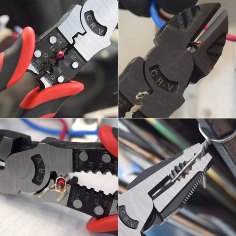 Close-up of Heavy Duty 5 In 1 Pliers Set with Linesman, Diagonal Cut, Needle Nose, Wire Stripper, Crimper for DIY and repairs.