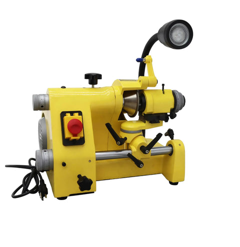 Pro Grade Heavy Duty Universal Cutter Grinder Sharpener Multi Function Bench Machine For Drill And Lathe Tools Comes With Full Collet Kit 110V side view showing controls and light.