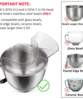 Pouring Shield for 4.5 to 5 Quart Tilt-Head KitchenAid Mixers, showing compatibility with stainless steel bowls only.