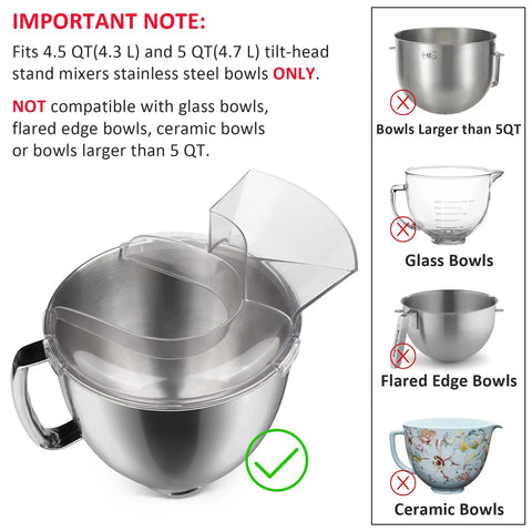 Pouring Shield for 4.5 to 5 Quart Tilt-Head KitchenAid Mixers, showing compatibility with stainless steel bowls only.