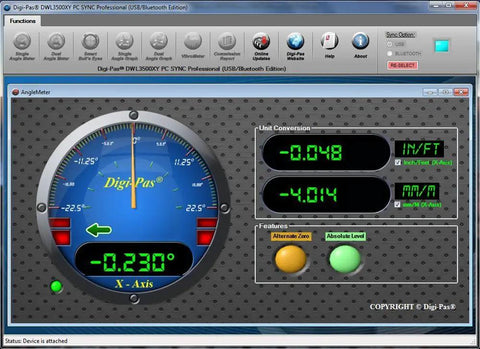 Digi-Pas DWL3500XY PC SYNC Professional interface displaying tilt degrees for Hot Shot 6 Inch 2 Axis Digital Master Precision Level.