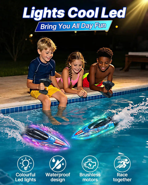 Children enjoying fast remote control boat for kids and adults, 25 MPH brushless dual motor RC speed boat racing in pool at night.