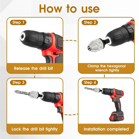 Installation steps of Two Pack Keyless Drill Chuck Set For Impact Driver With Quick Change One Quarter Inch Hex Shank Dual Size Chucks