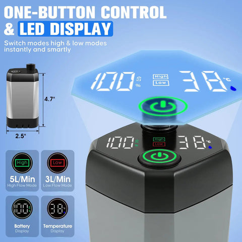 Portable Camping Shower With Heater 2000W, 3 Spray Modes, 6000mAh Rechargeable Pump With LED Display and USB C Recharge