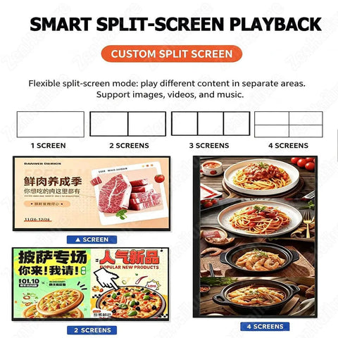 Split-screen playback example showcasing 50 Inch Led Poster Frame With Top Shelf 4K HD Resolution for different content display.