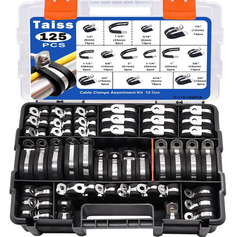 125Piece Cable Clamps Assortment Kit In 12 Sizes From 3/16 In To 2 In With 304 Stainless Steel Rubber Cushioned Wire And Pipe Clamps
