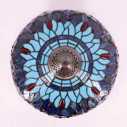 Sea Blue Dragonfly Style Stained Glass Lamp Shade Replacement 16x8 Inch With Cap for table lamps and ceiling fixtures, top view.