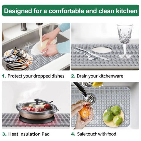 Silicone Sink Protector Mat For Kitchen Sink 28x15 Inches Heat Resistant No Slip Grid used in various kitchen scenarios.