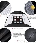 10x7Ft Golf Practice Net With Mat, Built Tough 420D Oxford Cloth And 210G Nylon Mesh, features diagram with 9 target pockets