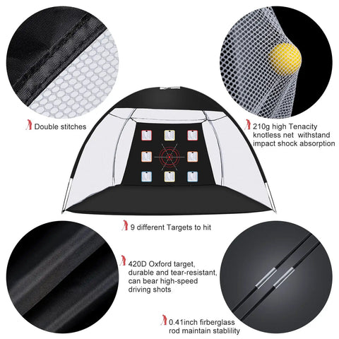 10x7Ft Golf Practice Net With Mat, Built Tough 420D Oxford Cloth And 210G Nylon Mesh, features diagram with 9 target pockets
