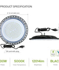 UFO LED High Bay Light 150W Dimmable, side and front view with measurements, 5000K Daylight, 120-277V, UL DLC Premium