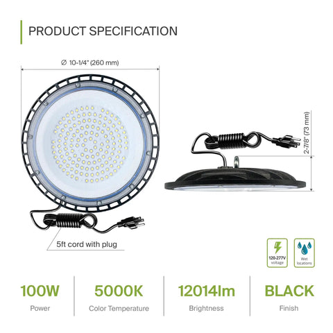 UFO LED High Bay Light 150W Dimmable, side and front view with measurements, 5000K Daylight, 120-277V, UL DLC Premium