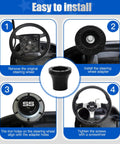 Slick Black Steering Wheel Adapter For EZGO TXT And RXV Golf Carts installation steps demonstrating easy assembly and bolting.