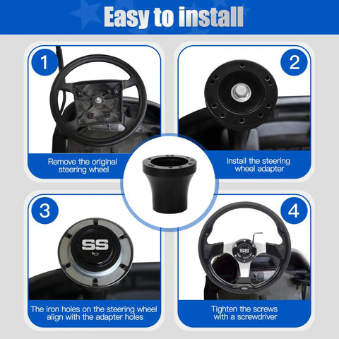 Slick Black Steering Wheel Adapter For EZGO TXT And RXV Golf Carts installation steps demonstrating easy assembly and bolting.